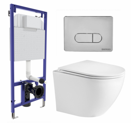 Комплект 3 в 1 инсталляция Berges Wasserhaus Novum 040233 + Подвесной унитаз WeltWasser Merzbach 043 GL-WT + кнопка хром