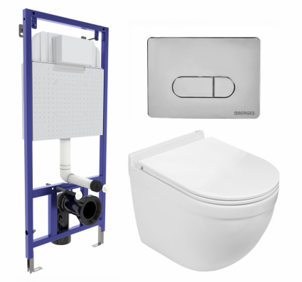 Комплект 3 в 1 инсталляция Berges Wasserhaus Novum 040233 + Подвесной унитаз WeltWasser Heimbach 043 GL-WT + кнопка хром