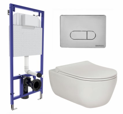 Комплект 3 в 1 инсталляция Berges Wasserhaus Novum 040233 + Унитаз подвесной Berges Wasserhaus Ego XL 082118 + кнопка хром