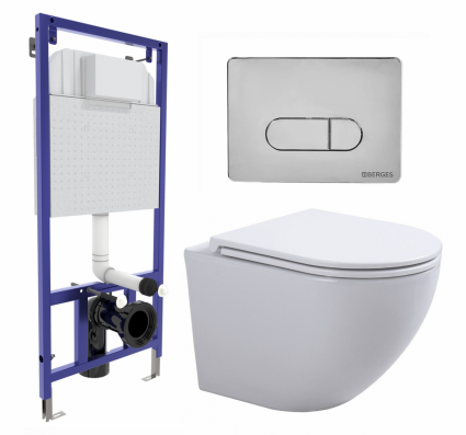Комплект 3 в 1 инсталляция Berges Wasserhaus Novum 040233 + Подвесной унитаз SinteSi EVI + кнопка хром