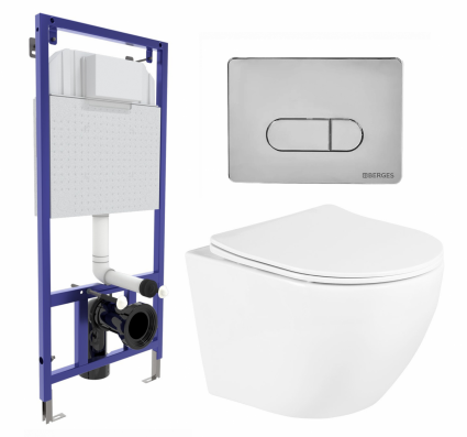 Комплект 3 в 1 инсталляция Berges Wasserhaus Novum 040233 + Унитаз подвесной BelBagno Uno BB3105CHR/SC + кнопка хром