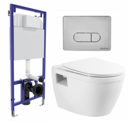 Комплект 3 в 1 инсталляция Berges Wasserhaus Novum 040233 + Унитаз подвесной BelBagno Loto BB070CHR/SC + кнопка хром