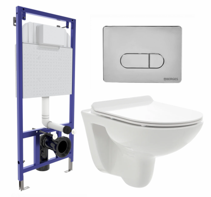 Комплект 3 в 1 инсталляция Berges Wasserhaus Novum 040233 + Унитаз подвесной AQUAme AQM2008 + кнопка хром