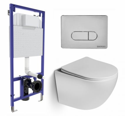Комплект 3 в 1 инсталляция Berges Wasserhaus Novum 040233 + Унитаз подвесной SantiLine SL-5005 + кнопка хром