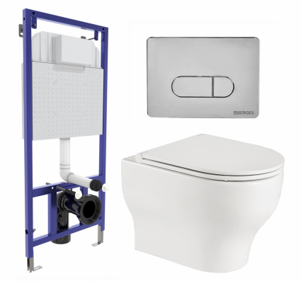 Комплект 3 в 1 инсталляция Berges Wasserhaus Novum 040233 + Подвесной унитаз WeltWasser Erlenbach 004 GL-WT + кнопка хром