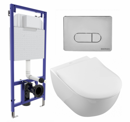 Комплект 3 в 1 инсталляция Berges Wasserhaus Novum 040233 + Унитаз подвесной Villeroy & Boch Subway 2.0 5614R201 + кнопка хром