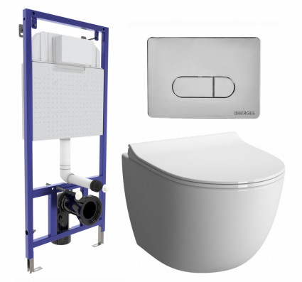 Комплект 3 в 1 инсталляция Berges Wasserhaus Novum 040233 + Унитаз подвесной VitrA Sento 7748В003-0075 + кнопка хром
