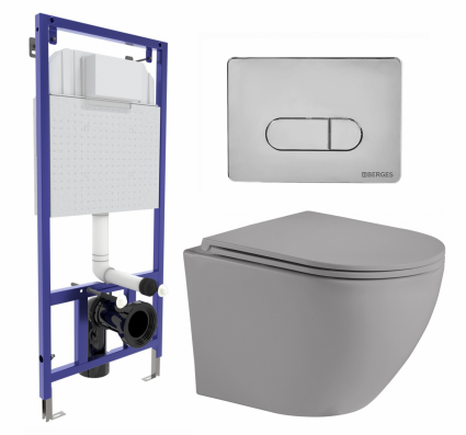 Комплект 3 в 1 инсталляция Berges Wasserhaus Novum 040233 + Унитаз подвесной Weltwasser WW Merzbach 043 MT-GR + кнопка хром