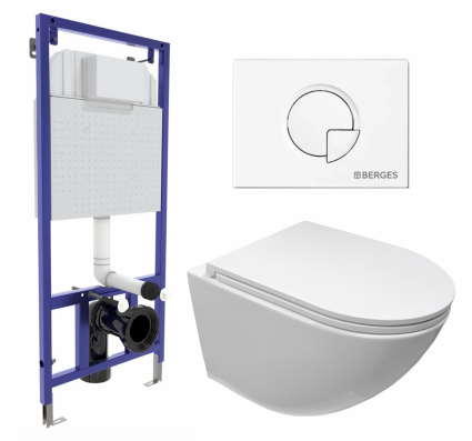 Комплект 3 в 1 инсталляция Berges Wasserhaus Novum 040221 + Подвесной безободковый унитаз CeruttiSpa Sella aria CT7183 + кнопка белая