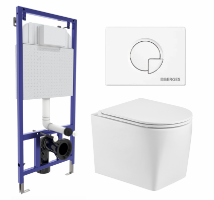 Комплект 3 в 1 инсталляция Berges Wasserhaus Novum 040221 + Унитаз подвесной WeltWasser Nesenbach 004 GL-WT + кнопка белая