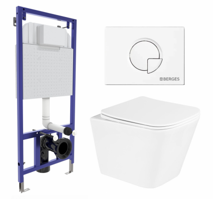 Комплект 3 в 1 инсталляция Berges Wasserhaus Novum 040221 +  Унитаз подвесной BelBagno Due BB3103CHR/SC  + кнопка белая