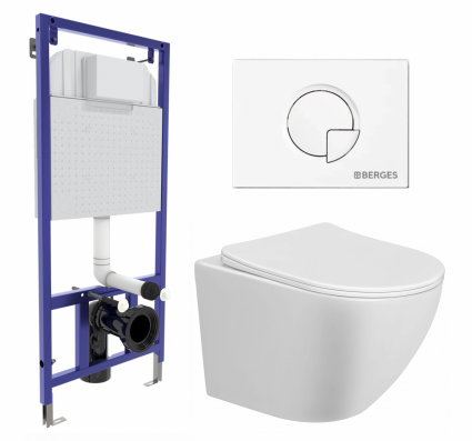 Комплект 3 в 1 инсталляция Berges Wasserhaus Novum 040221 + Унитаз подвесной Taliente Amato AM25010 + кнопка белая