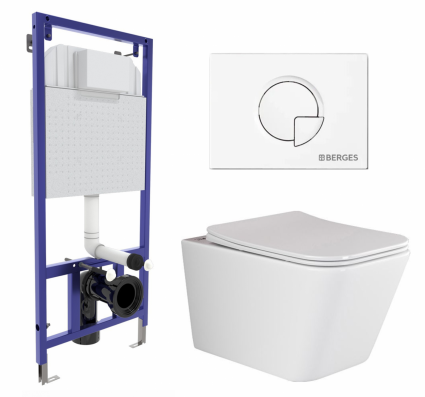 Комплект 3 в 1 инсталляция Berges Wasserhaus Novum 040221 + Унитаз подвесной Ceramica Nova Metric Rimless CN3007 + кнопка белая