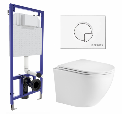 Комплект 3 в 1 инсталляция Berges Wasserhaus Novum 040221 + Подвесной унитаз WeltWasser Merzbach 043 GL-WT + кнопка белая