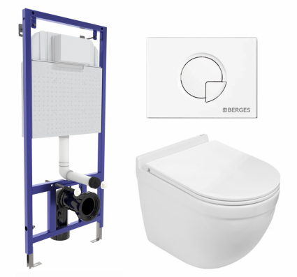 Комплект 3 в 1 инсталляция Berges Wasserhaus Novum 040221 + Подвесной унитаз WeltWasser Heimbach 043 GL-WT + кнопка белая