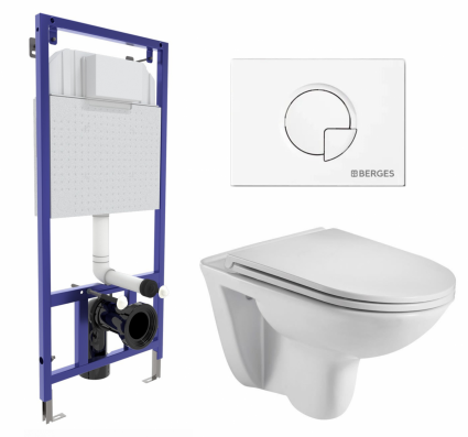 Комплект 3 в 1 инсталляция Berges Wasserhaus Novum 040221 +  Подвесной унитаз WeltWasser Baarbach 004 GL-W + кнопка белая