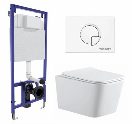 Комплект 3 в 1 инсталляция Berges Wasserhaus Novum 040221 + Подвесной унитаз SinteSi BALTI + кнопка белая