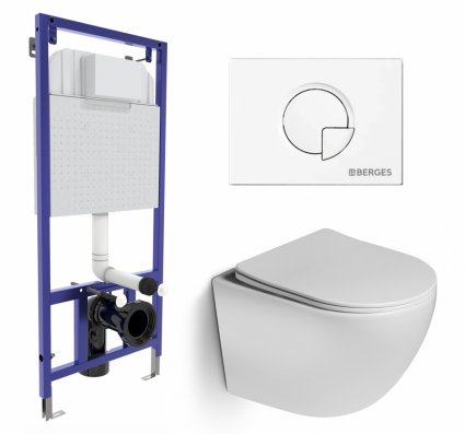 Комплект 3 в 1 инсталляция Berges Wasserhaus Novum 040221 + Унитаз подвесной SantiLine SL-5005 + кнопка белая