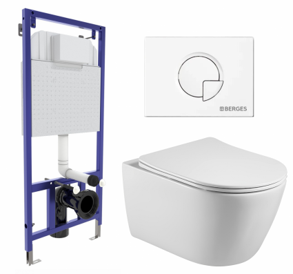 Комплект 3 в 1 инсталляция Berges Wasserhaus Novum 040221 + Унитаз подвесной Акватек Вега AQ1905-00 + кнопка белая