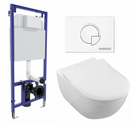 Комплект 3 в 1 инсталляция Berges Wasserhaus Novum 040221 + Унитаз подвесной Villeroy & Boch Subway 2.0 5614R201 + кнопка белая