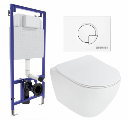 Комплект 3 в 1 инсталляция Berges Wasserhaus Novum 040221 + Унитаз подвесной Cezares Stylus CZR-513-TH-R + кнопка белая