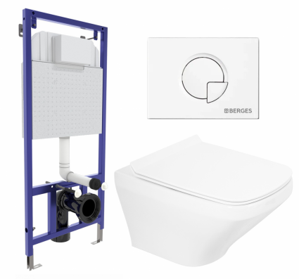 Комплект 3 в 1 инсталляция Berges Wasserhaus Novum 040221 + Унитаз подвесной BelBagno Sela BB3201CHR + кнопка белая