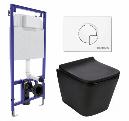 Комплект 3 в 1 инсталляция Berges Wasserhaus Novum 040221 + Подвесной унитаз WeltWasser Gelbach 043 MT-BL + кнопка белая