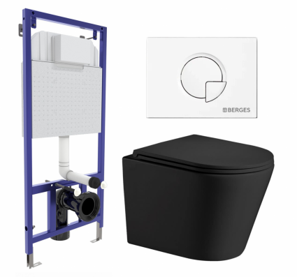 Комплект 3 в 1 инсталляция Berges Wasserhaus Novum 040221 + Подвесной унитаз WeltWasser Salzbach 043 MT-BL + кнопка белая
