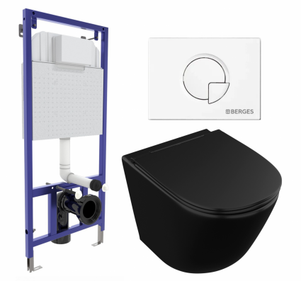 Комплект 3 в 1 инсталляция Berges Wasserhaus Novum 040221 + Унитаз подвесной Owl 1975 Vind Cirkel-H Matt Black OWLT190305 + кнопка белая