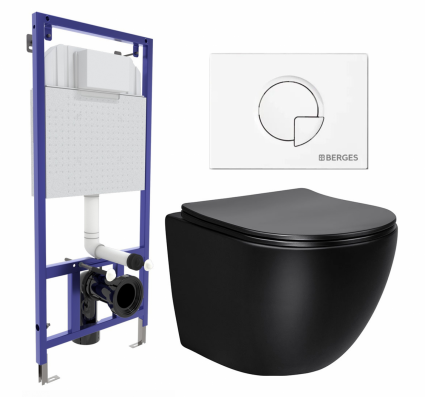 Комплект 3 в 1 инсталляция Berges Wasserhaus Novum 040221 + Унитаз Vincea Globo VT1-14SMB + кнопка белая