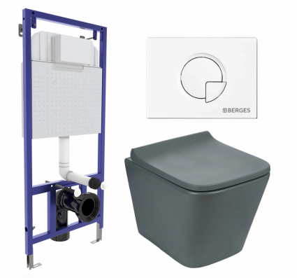 Комплект 3 в 1 инсталляция Berges Wasserhaus Novum 040221 + Унитаз подвесной Weltwasser WW SK Gelbach 041 MT-GR + кнопка белая