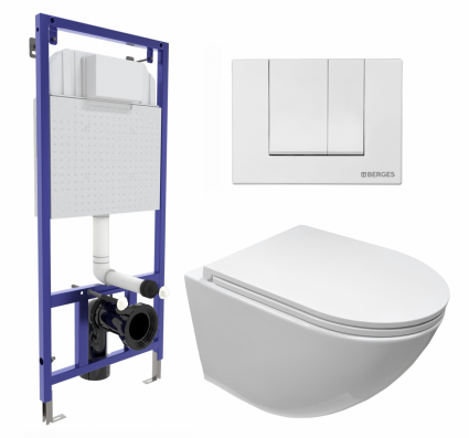 Комплект 3 в 1 инсталляция Berges Wasserhaus Novum 040241 + Подвесной безободковый унитаз CeruttiSpa Sella aria CT7183 + кнопка белая