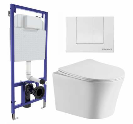 Комплект 3 в 1 инсталляция Berges Wasserhaus Novum 040241 + Подвесной унитаз CeruttiSpa Adige Aria CT7837+ кнопка белая