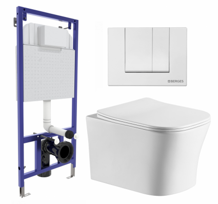 Комплект 3 в 1 инсталляция Berges Wasserhaus Novum 040241 + Подвесной унитаз CeruttiSpa Marmolada aria CT7778 + кнопка белая