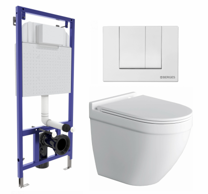 Комплект 3 в 1 инсталляция Berges Wasserhaus Novum 040241 + Унитаз подвесной Owl 1975 Cirkel-H + кнопка белая