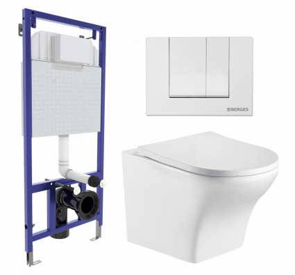 Комплект 3 в 1 инсталляция Berges Wasserhaus Novum 040241 + Подвесной унитаз WeltWasser Odenbach 004 GL-WT + кнопка белая
