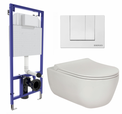 Комплект 3 в 1 инсталляция Berges Wasserhaus Novum 040241 + Унитаз подвесной Berges Wasserhaus Ego XL 082118 + кнопка белая