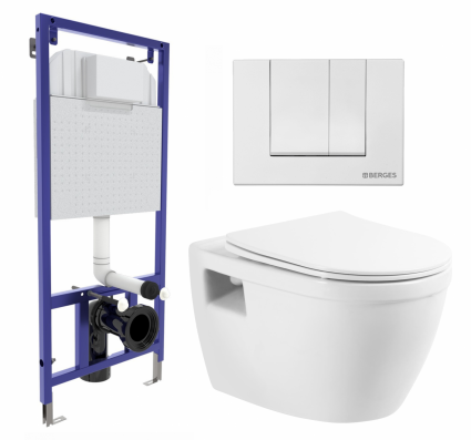 Комплект 3 в 1 инсталляция Berges Wasserhaus Novum 040241 + Унитаз подвесной BelBagno Loto BB070CHR/SC + кнопка белая