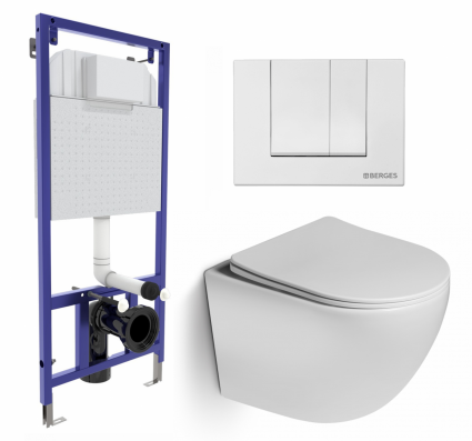 Комплект 3 в 1 инсталляция Berges Wasserhaus Novum 040241 + Унитаз подвесной SantiLine SL-5005 + кнопка белая