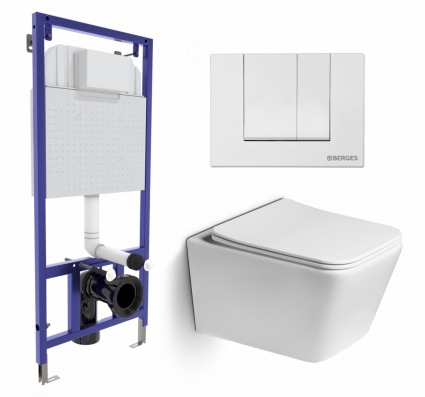 Комплект 3 в 1 инсталляция Berges Wasserhaus Novum 040241 + Унитаз подвесной SantiLine SL-5007 + кнопка белая