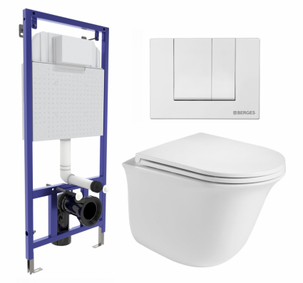 Комплект 3 в 1 инсталляция Berges Wasserhaus Novum 040241 + Подвесной унитаз WeltWasser Telbach 004 GL-WT + кнопка белая