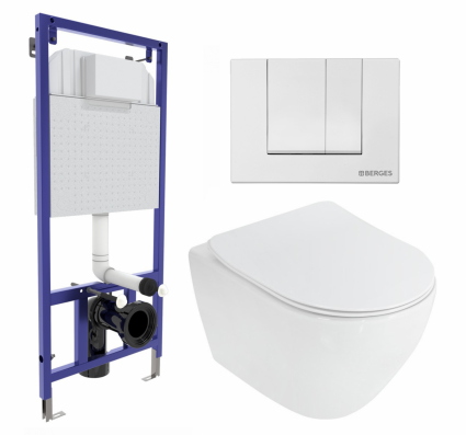 Комплект 3 в 1 инсталляция Berges Wasserhaus Novum 040241 + Унитаз подвесной Cezares Stylus CZR-513-TH-R + кнопка белая