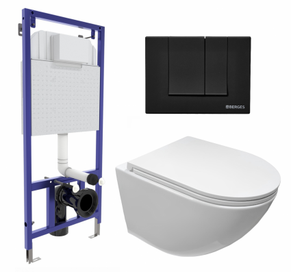Комплект 3 в 1 инсталляция Berges Wasserhaus Novum 040245 + Подвесной безободковый унитаз CeruttiSpa Sella aria CT7183 + кнопка черная