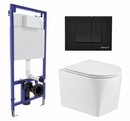 Комплект 3 в 1 инсталляция Berges Wasserhaus Novum 040245 + Унитаз подвесной WeltWasser Nesenbach 004 GL-WT + кнопка черная