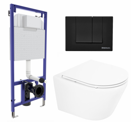 Комплект 3 в 1 инсталляция Berges Wasserhaus Novum 040245 + Унитаз подвесной BelBagno Tre BB8001CHR/SC + кнопка черная