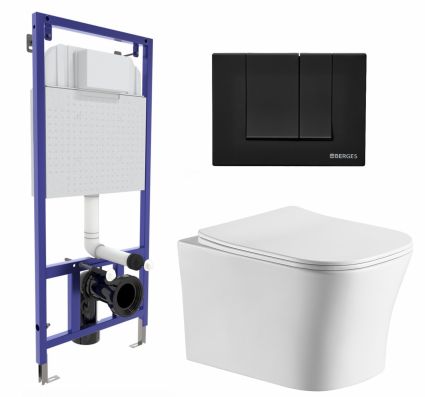 Комплект 3 в 1 инсталляция Berges Wasserhaus Novum 040245 + Подвесной унитаз CeruttiSpa Marmolada aria CT7778 + кнопка черная