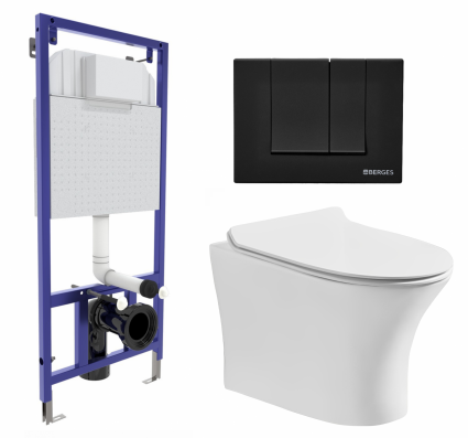 Комплект 3 в 1 инсталляция Berges Wasserhaus Novum 040245 + Подвесной безободковый унитаз CeruttiSpa Bernina aria CT7191 + кнопка черная