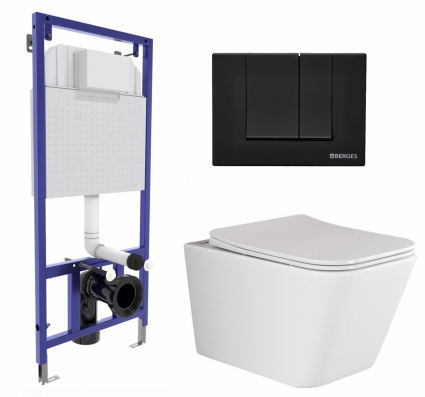 Комплект 3 в 1 инсталляция Berges Wasserhaus Novum 040245 + Унитаз подвесной Ceramica Nova Metric Rimless CN3007 + кнопка черная