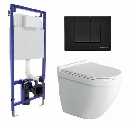 Комплект 3 в 1 инсталляция Berges Wasserhaus Novum 040245 + Унитаз подвесной Owl 1975 Cirkel-H + кнопка черная