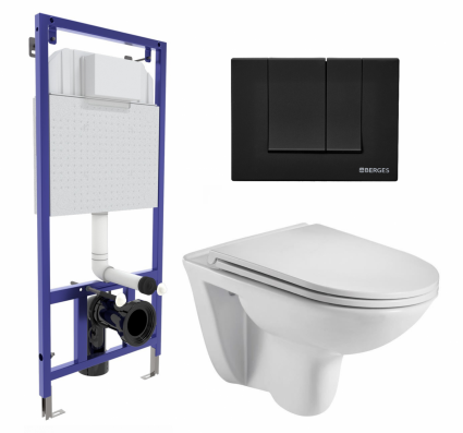 Комплект 3 в 1 инсталляция Berges Wasserhaus Novum 040245 + Подвесной унитаз WeltWasser Baarbach 004 GL-WT + кнопка черная